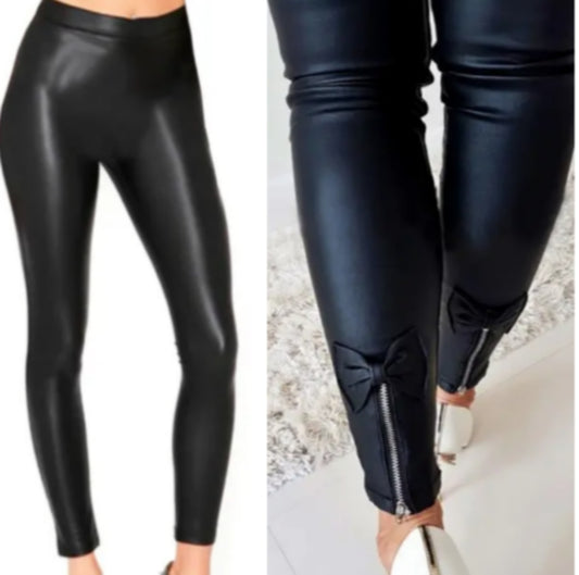 Leggins ecopelle con fiocco